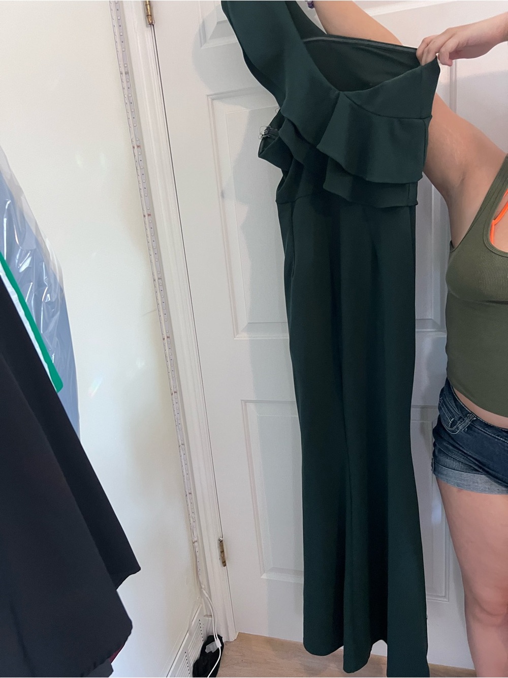 Lulu's Dark Green One-Shoulder Ruffle Maxi Dress - Picture 3 of 7